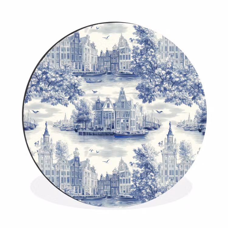 Wandcirkel - Aluminium - Huizen - Bomen - Water - Vogels - Blauw — 1