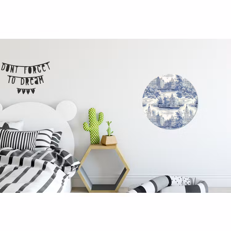 Wandcirkel - Aluminium - Huizen - Bomen - Water - Vogels - Blauw — 5