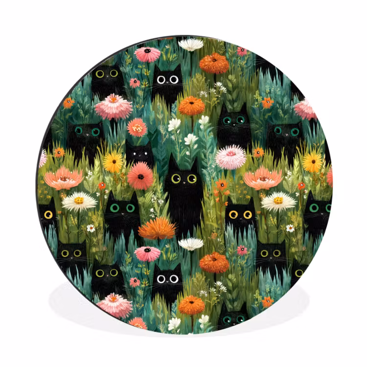 Wandcirkel - Aluminium - Katten - Bloemen - Kleurrijk — 1