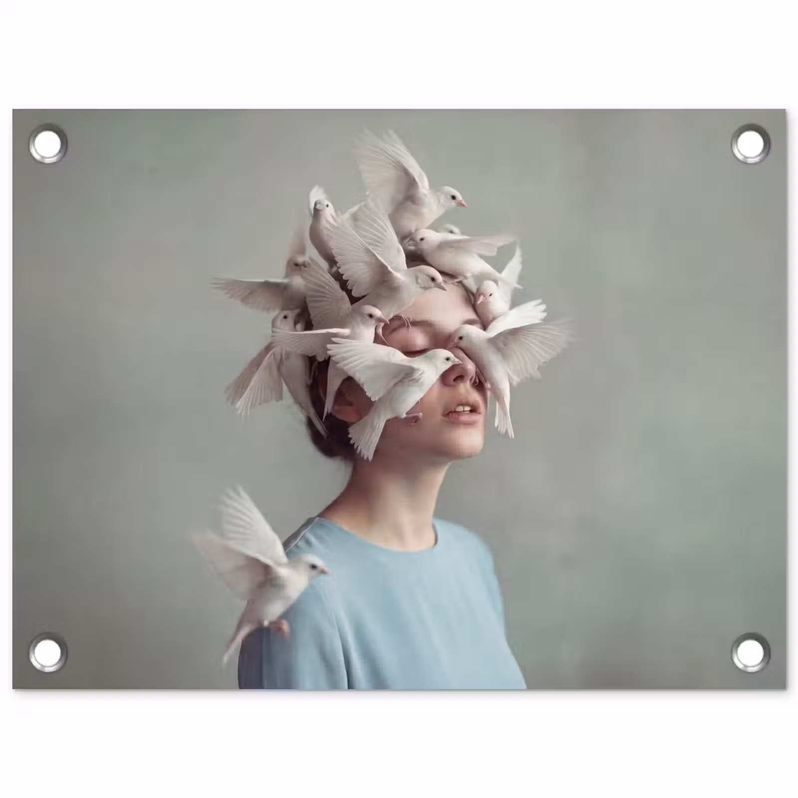 Tuinposter - Vrouw - Vogels - Abstract - Modern - Wit — 1