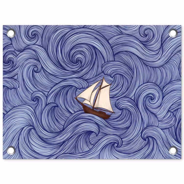 Tuinposter - Schip - Golven - Zee - Illustratie - Blauw — 1
