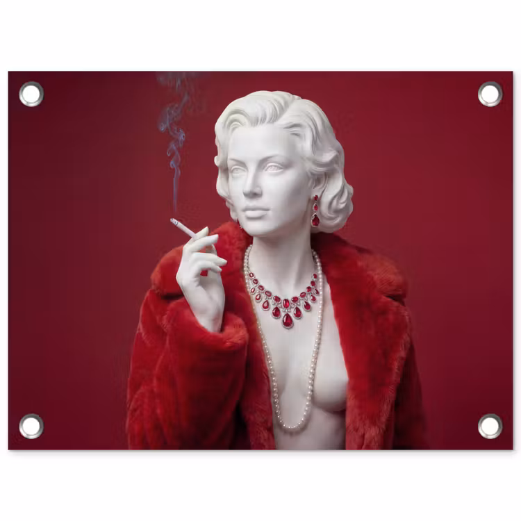 Tuinposter - Vrouw - Bontjas - Mode - Klassiek - Rood — 1