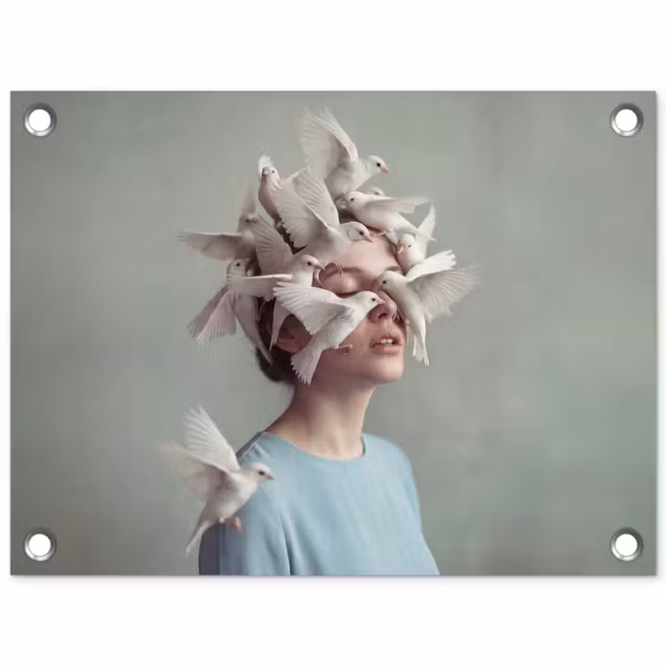 Tuinposter - Vrouw - Vogels - Abstract - Modern - Wit — 1
