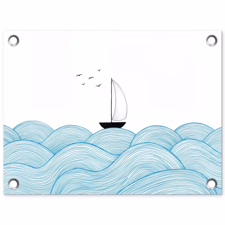 Tuinposter - Zeilboot - Golven - Zee - Illustratie - Blauw — 1