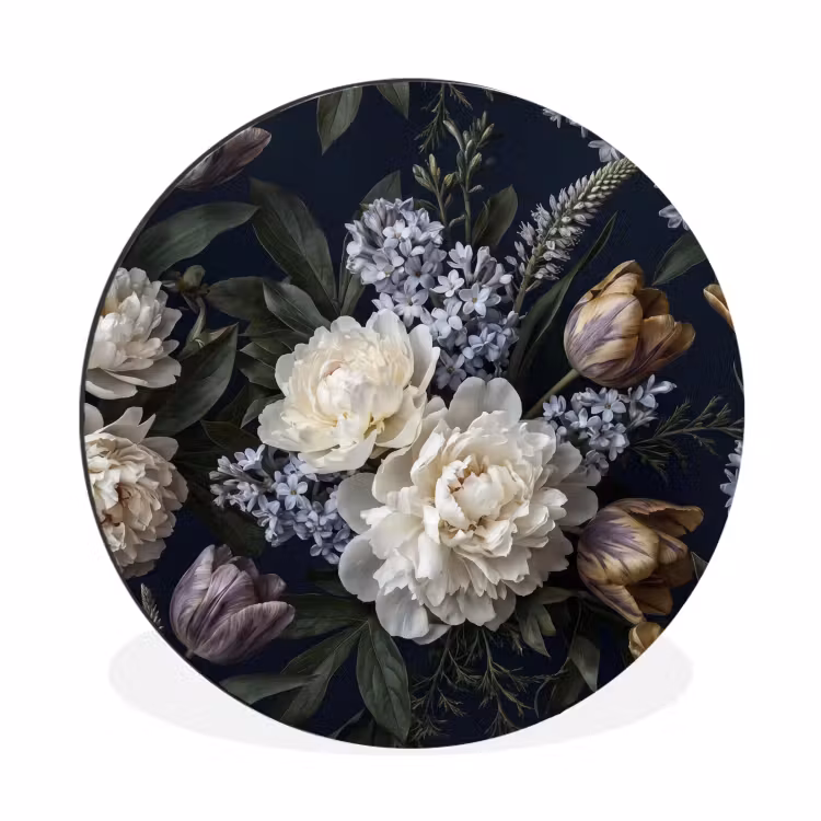 Wandcirkel - Aluminium - Bloemen - Donker - Elegant - Natuur - Wit — 1