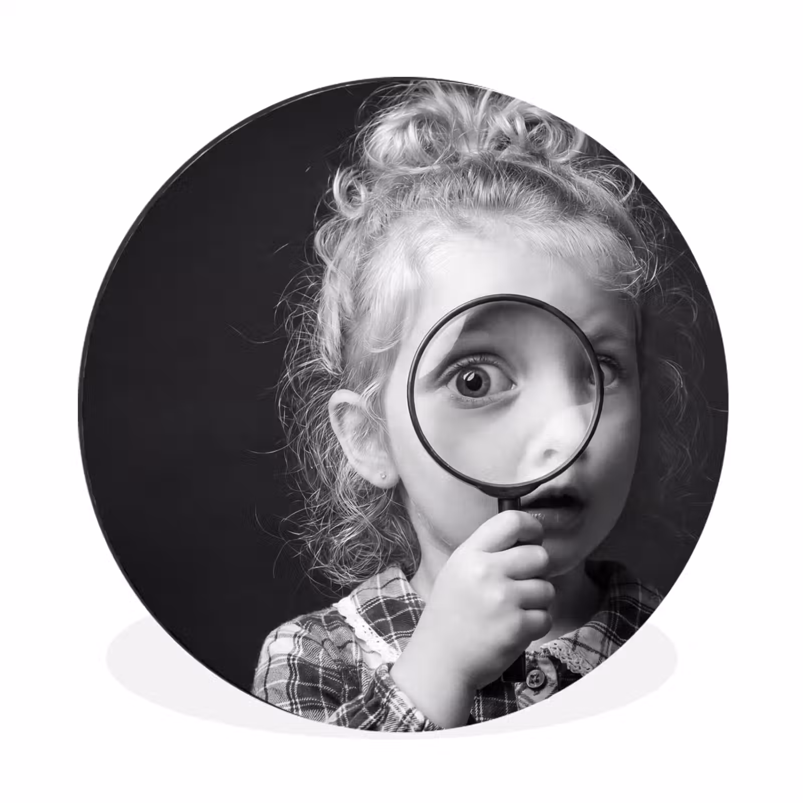 Wandcirkel - Aluminium - Kind - Vergrootglas - Portret - Zwart-wit — 1