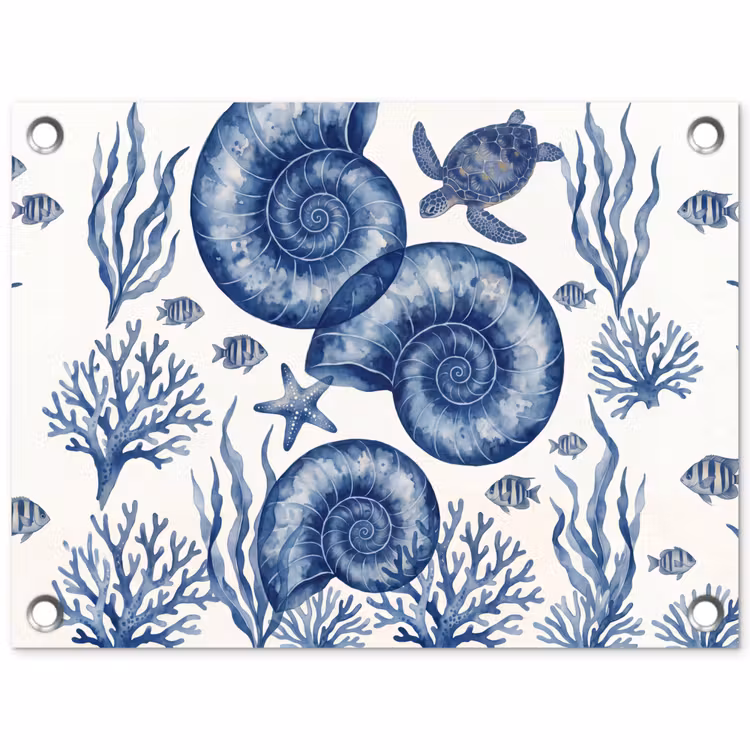 Tuinposter - Schelp - Spiraal - Zeeleven - Aquarel - Blauw — 1