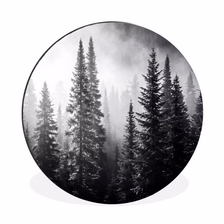 Wandcirkel - Aluminium - Bos - Mist - Winter - Monochroom - Natuur — 1
