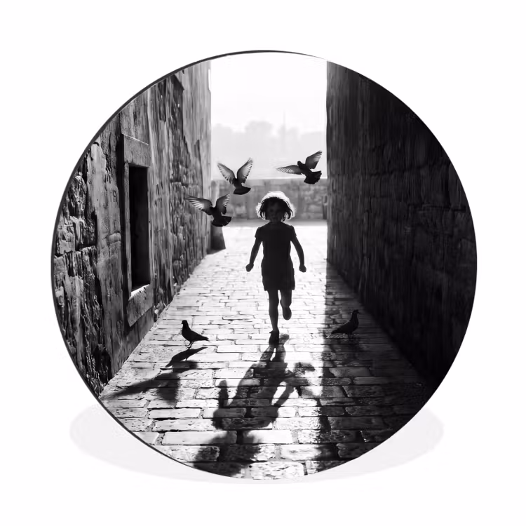 Wandcirkel - Aluminium - Kind - Vogel - Straat - Zwart-wit - Spelen — 1