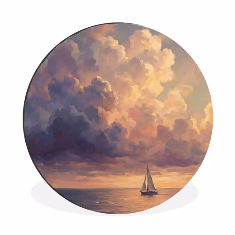 Wandcirkel - Aluminium - Boot - Zonsondergang - Zee - Natuur - Goud — 1