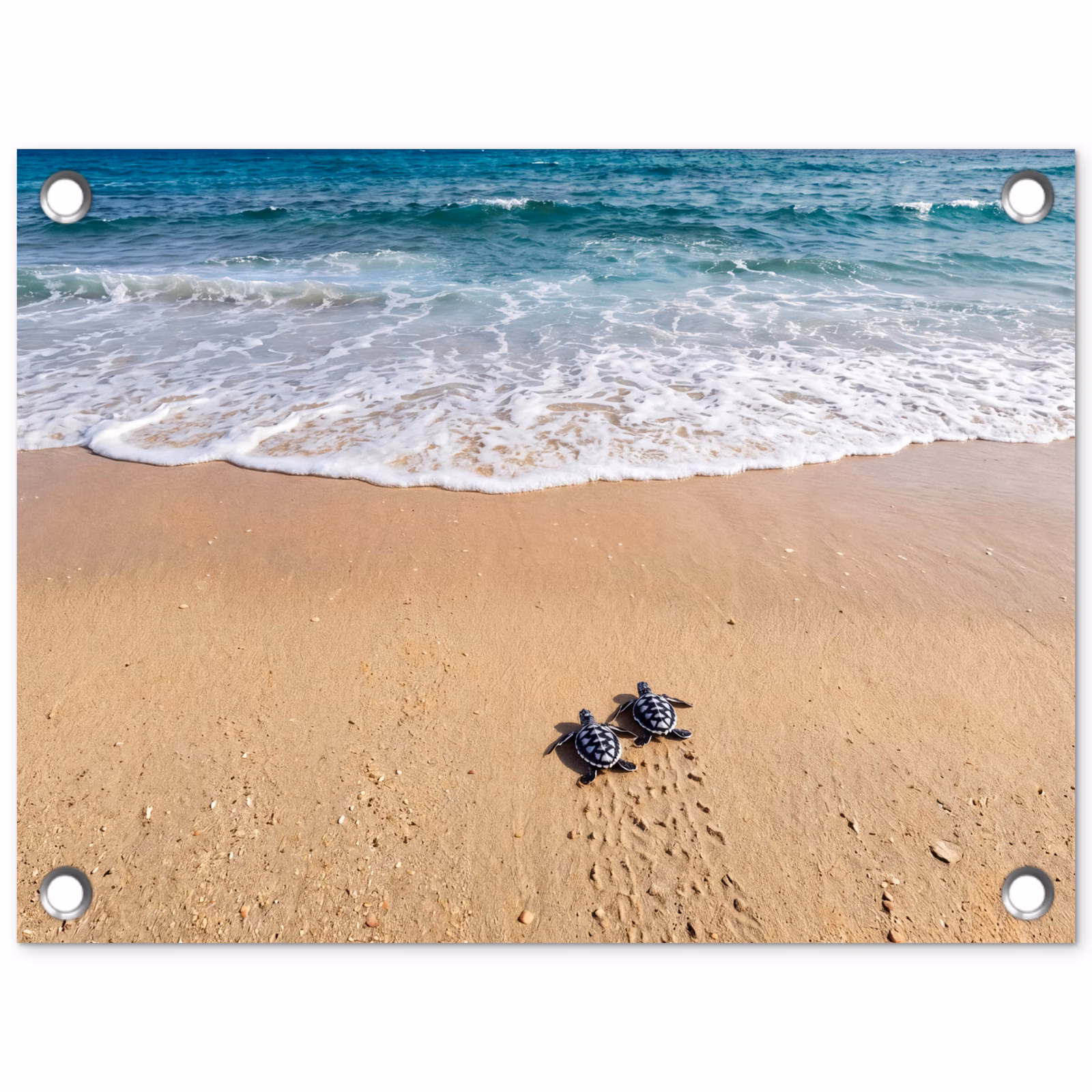 Tuinposter - Schildpad - Jong - Strand - Oceaan - Blauw — 1