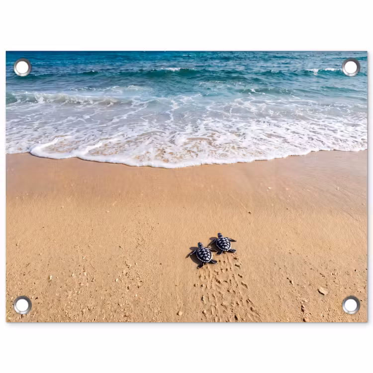 Tuinposter - Schildpad - Jong - Strand - Oceaan - Blauw — 1