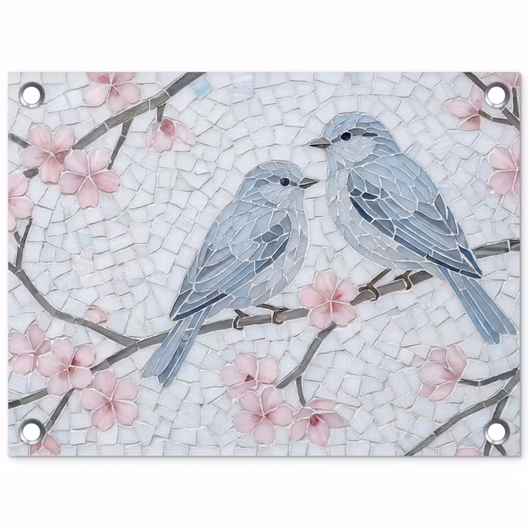 Tuinposter - Vogel - Bloemen - Natuur - Mozaïek - Roze — 1
