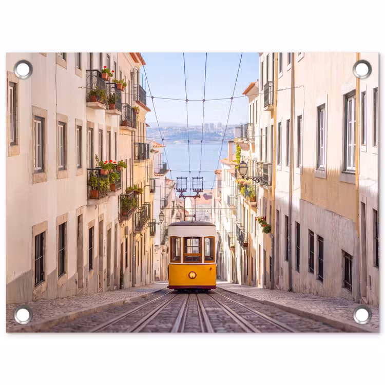 Tuinposter - Tram - Straat - Stad - Architectuur - Geel — 1
