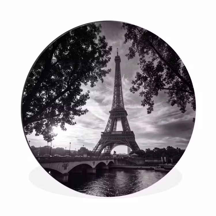 Wandcirkel - Aluminium - Eiffeltoren - Parijs - Rivier - Architectuur - Zwart-wit — 1