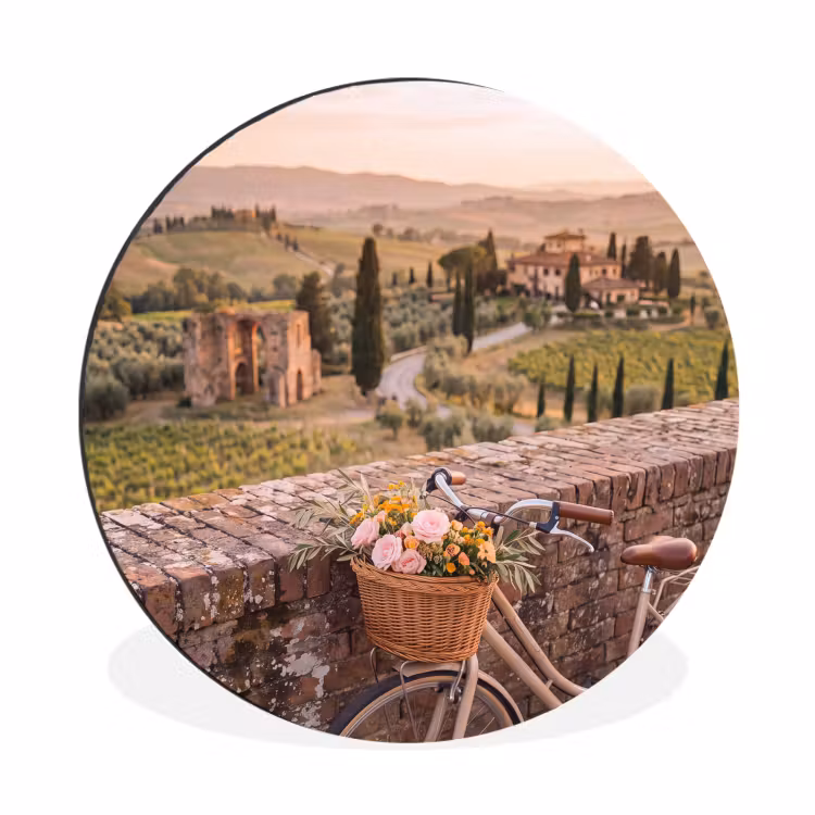 Wandcirkel - Aluminium - Fiets - Bloemen - Toscane - Landschap - Roze — 1