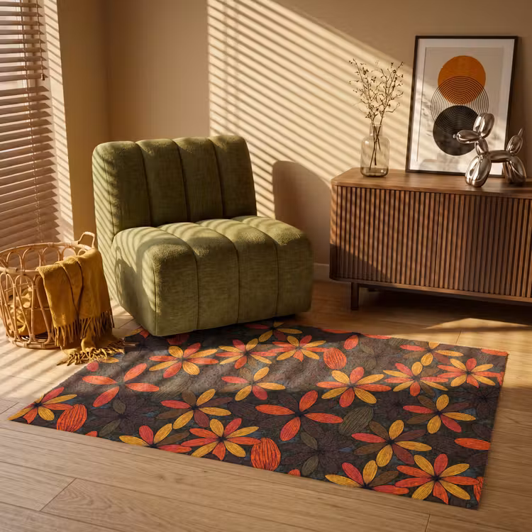 Vloerkleed - Oranje - Retro - Bloemen - Herfst — 2
