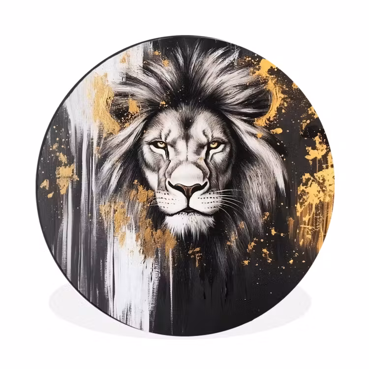 Wandcirkel - Aluminium - Leeuw - Portret - Verfspatten - Grijs — 1