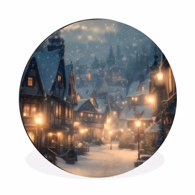 Wandcirkel - Aluminium - Winterdorp - Sneeuw - Donker — 1
