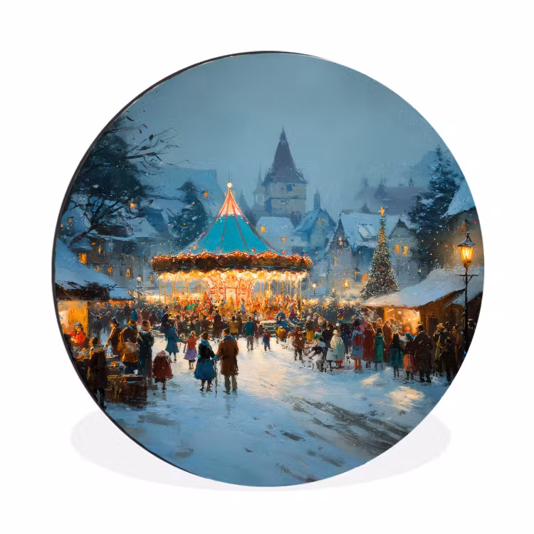 Wandcirkel - Aluminium - Winterkermis - Dorp - Kleurrijk — 1