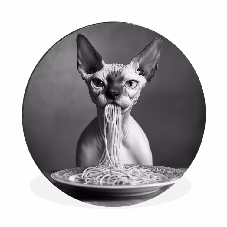 Wandcirkel - Aluminium - Sphynx - Kat - Dieren - Humor - Spaghetti - Zwart Wit — 1