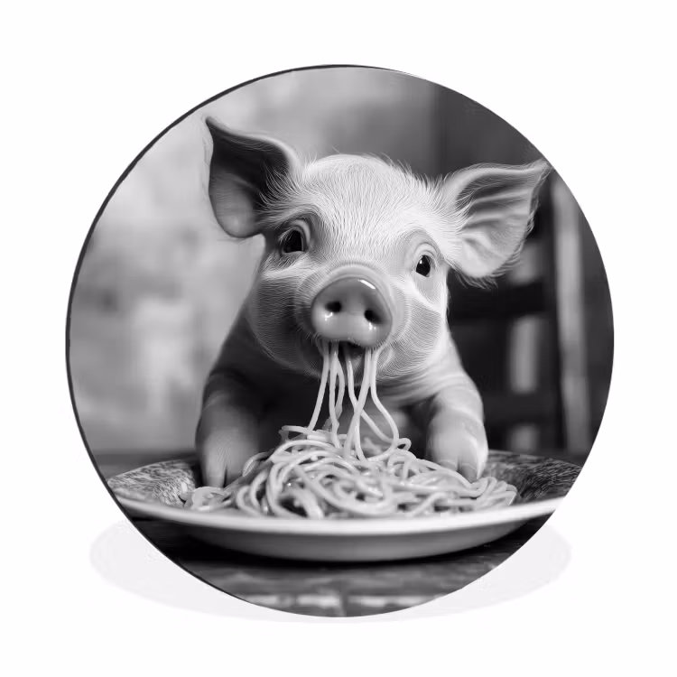 Wandcirkel - Aluminium - Varken - Schattig - Spaghetti - Zwart wit - Dier — 1