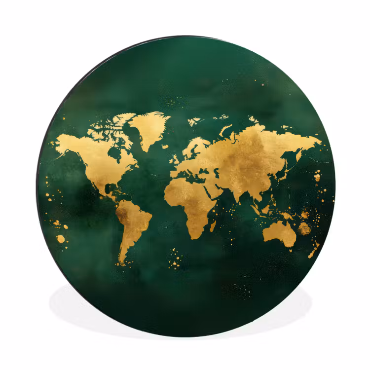 Wandcirkel - Aluminium - Wereldkaart - Groen - Goud — 1