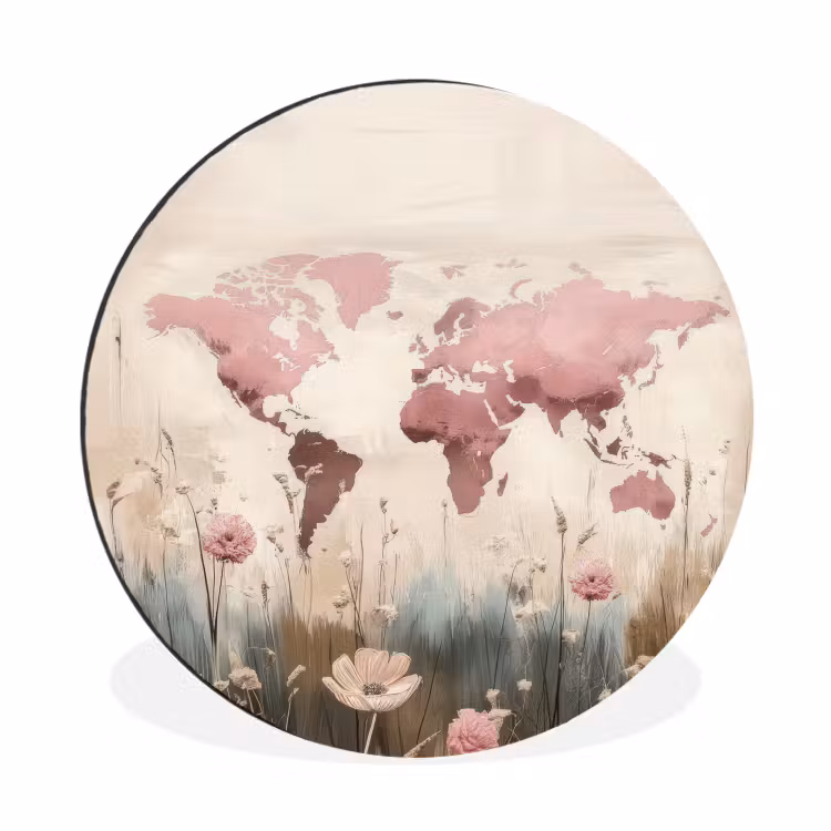 Wandcirkel - Aluminium - Wereldkaart - Roze - Bloemen — 1