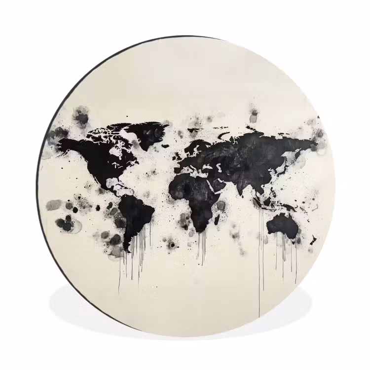Wandcirkel - Aluminium - Wereldkaart - Zwart - Inkt — 1