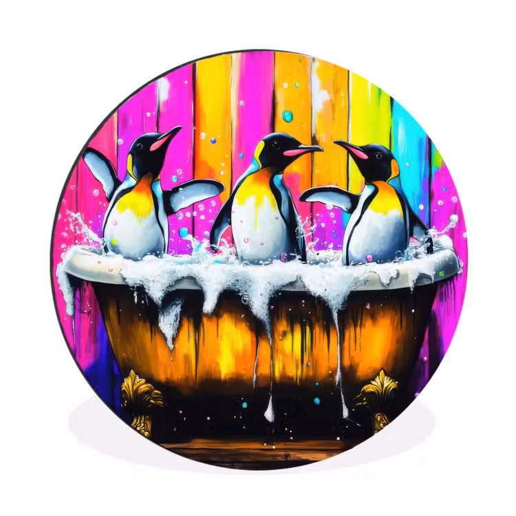 Wandcirkel - Aluminium - Pinguïns - Badkuip - Kleurrijk - Schuim — 1