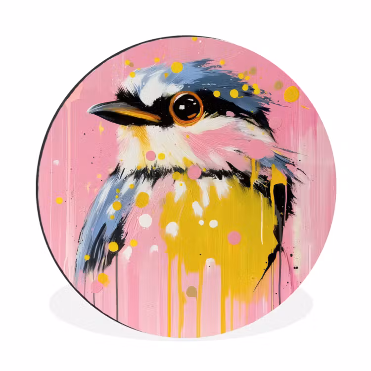 Wandcirkel - Aluminium - Vogel - Roze - Geel - Blauw — 1