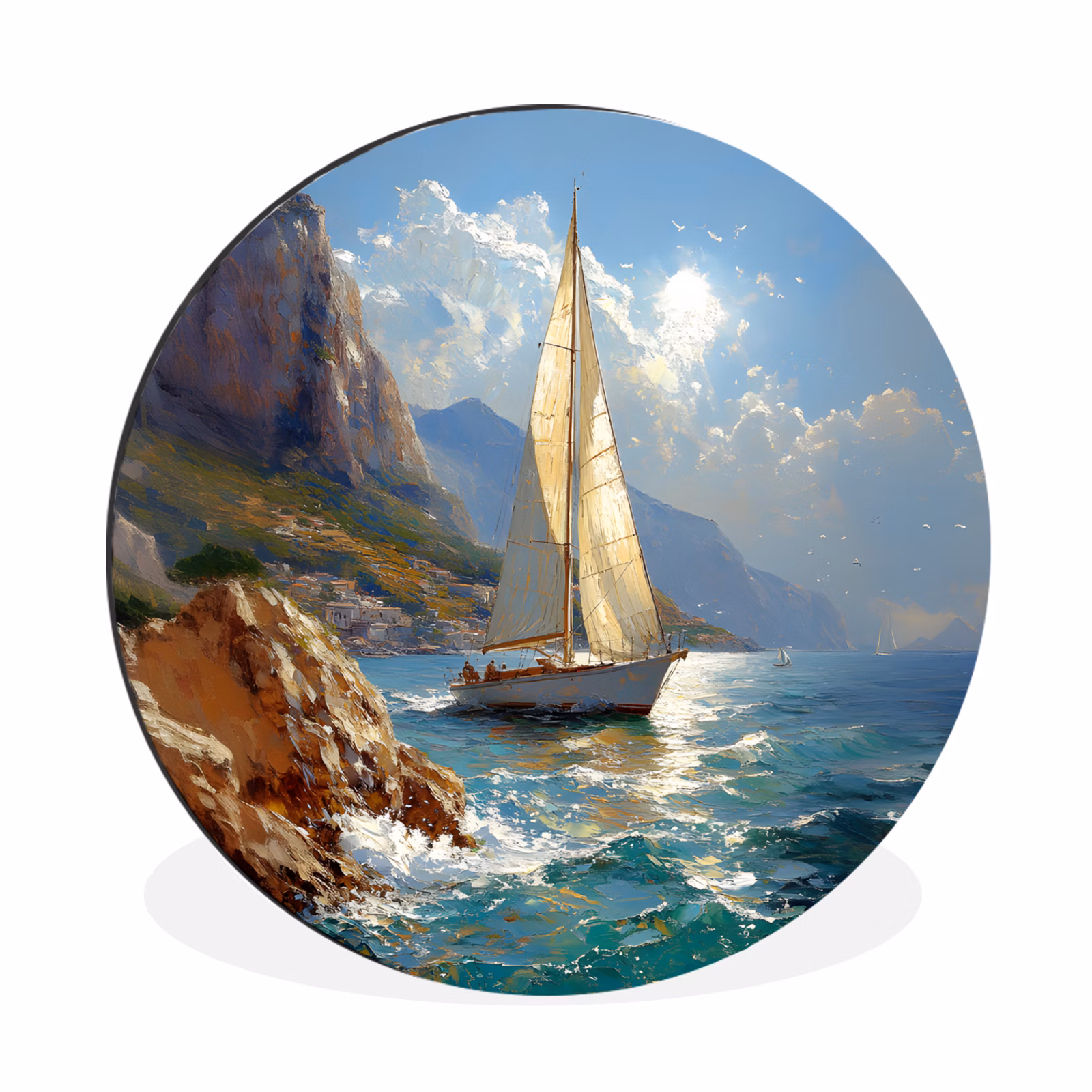 Wandcirkel - Aluminium - Zeilschip - Zee - Rotsen - Wolken — 1