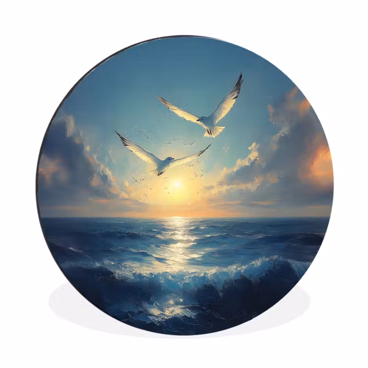Wandcirkel - Aluminium - Meeuwen - Zee - Wolken -Blauw — 1