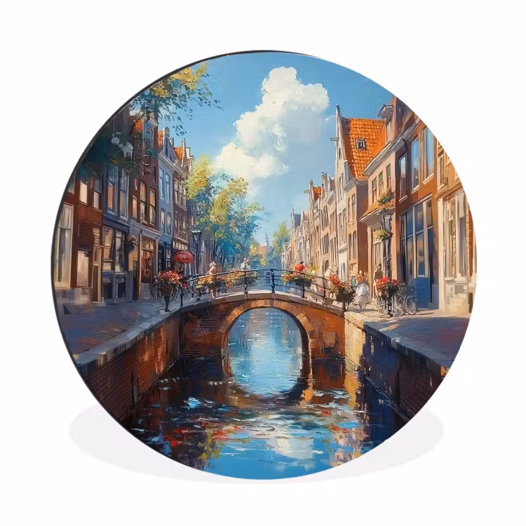 Wandcirkel - Aluminium - Stad - Gracht - Zon - Fietsen — 1