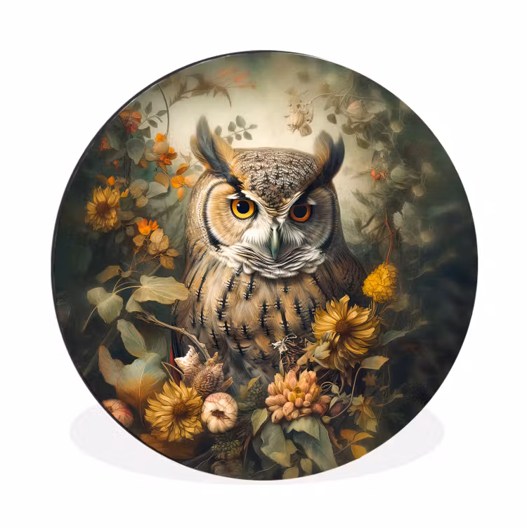 Wandcirkel - Aluminium - Uil - Vogels - Bloemen - Natuur — 1