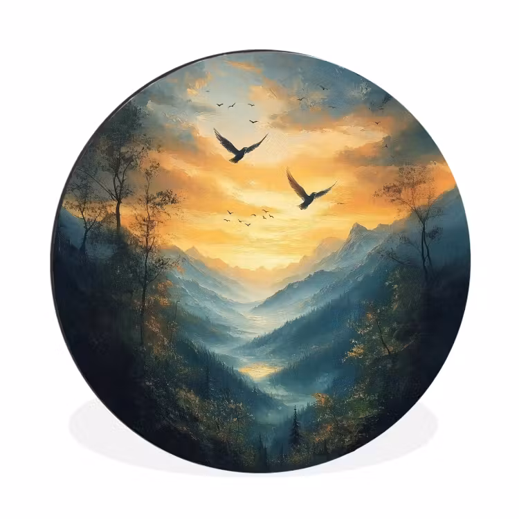Wandcirkel - Aluminium - Vogels - Zon - Bomen - Groen — 1