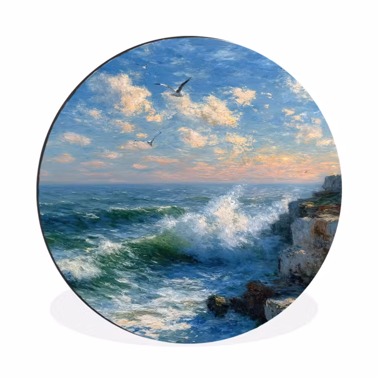 Wandcirkel - Aluminium - Zee - Golven - Rotsen - Meeuwen — 1