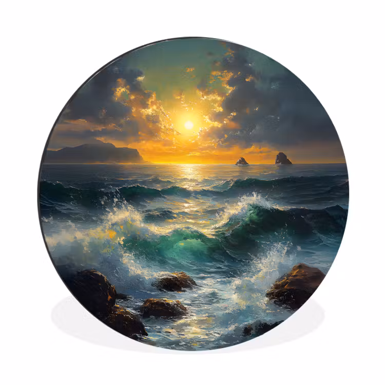 Wandcirkel - Aluminium - Zee - Zon - Golven - Rotsen — 1