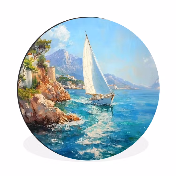 Wandcirkel - Aluminium - Zeilboot - Rotsen - Kust - Huizen — 1