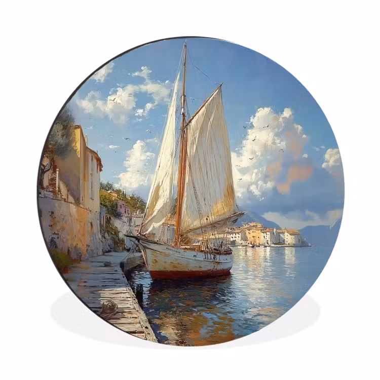 Wandcirkel - Aluminium - Zeilschip - Huizen - Kade - Zee — 1