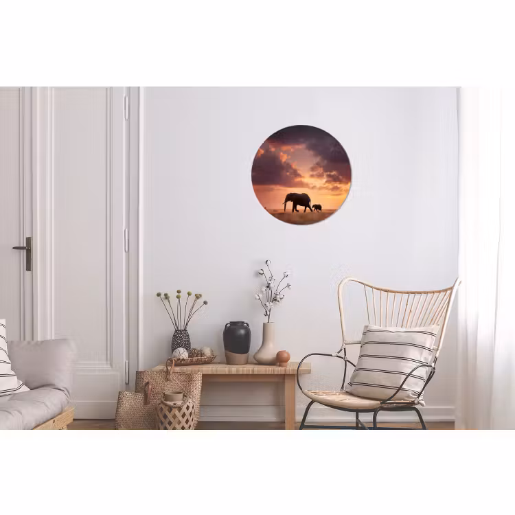 Wandcirkel - Aluminium - Olifanten - Grasland - Zonsondergang — 2
