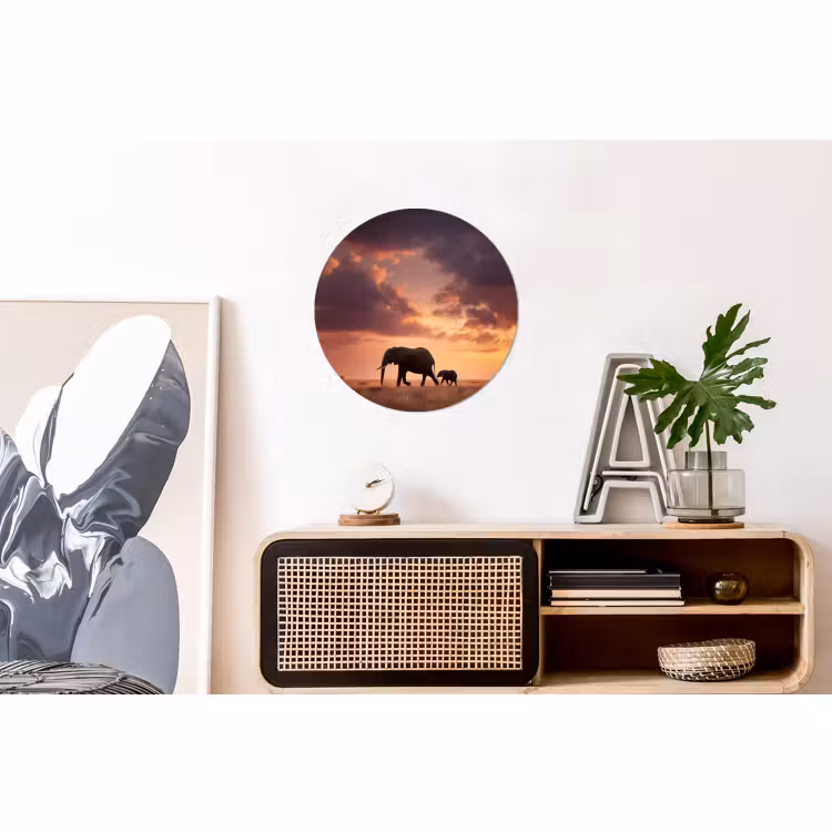 Wandcirkel - Aluminium - Olifanten - Grasland - Zonsondergang — 3