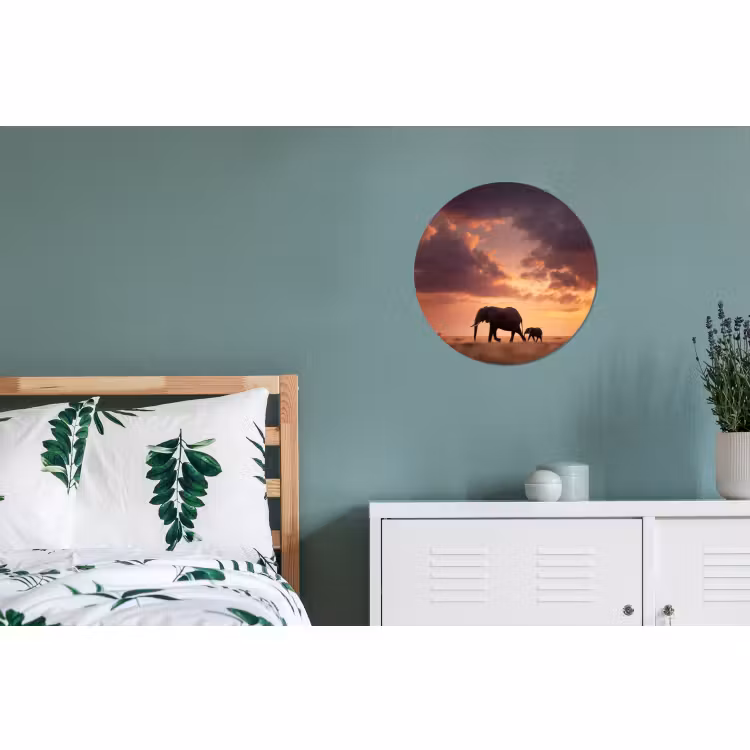 Wandcirkel - Aluminium - Olifanten - Grasland - Zonsondergang — 4