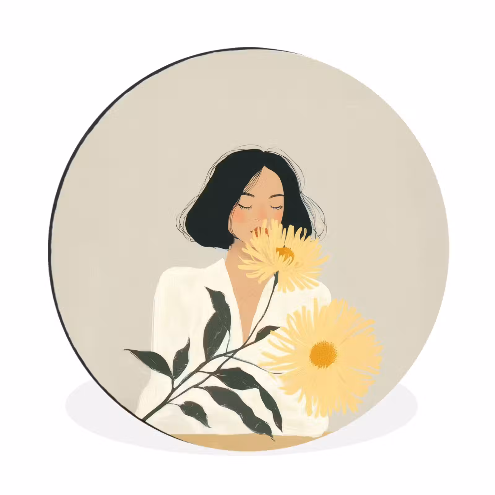 Wandcirkel - Aluminium - Vrouw - Bloem - Geel - Minimalistisch — 1