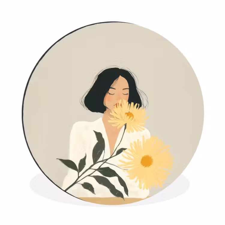 Wandcirkel - Aluminium - Vrouw - Bloem - Geel - Minimalistisch — 1