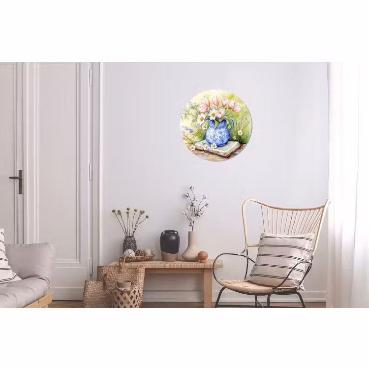 Wandcirkel - Aluminium - Vaas - Delftsblauw - Madeliefjes — 2