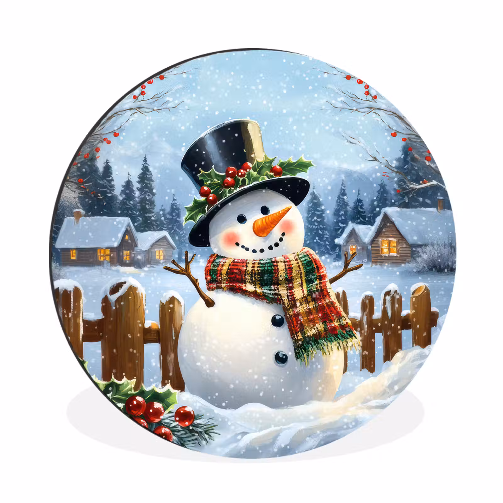Wandcirkel - Aluminium - Sneeuwpop - Winterdorp - Kleurrijk — 1