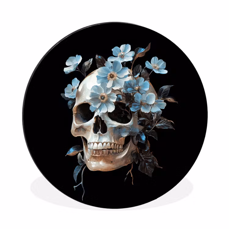 Wandcirkel - Aluminium - Schedel - Blauw - Bloemen - Bladeren — 1
