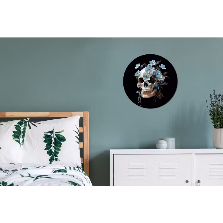Wandcirkel - Aluminium - Schedel - Blauw - Bloemen - Bladeren — 4