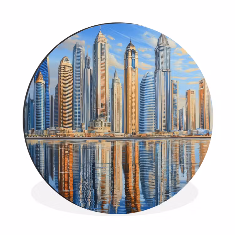Wandcirkel - Aluminium - Skyline - Wolkenkrabbers - Water - Blauw — 1
